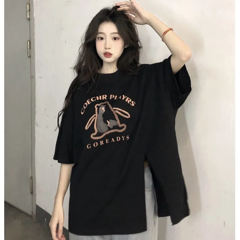 Women's Cute Bear Printed Side Slit Casual Tee