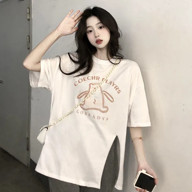 Women's Cute Bear Printed Side Slit Casual Tee