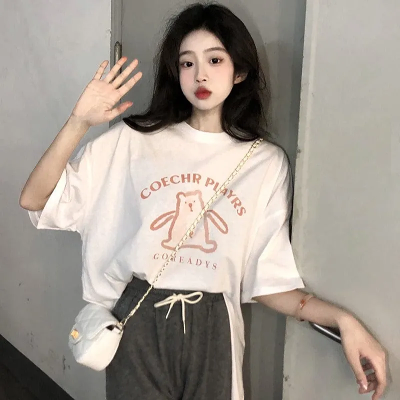 Women's Cute Bear Printed Side Slit Casual Tee